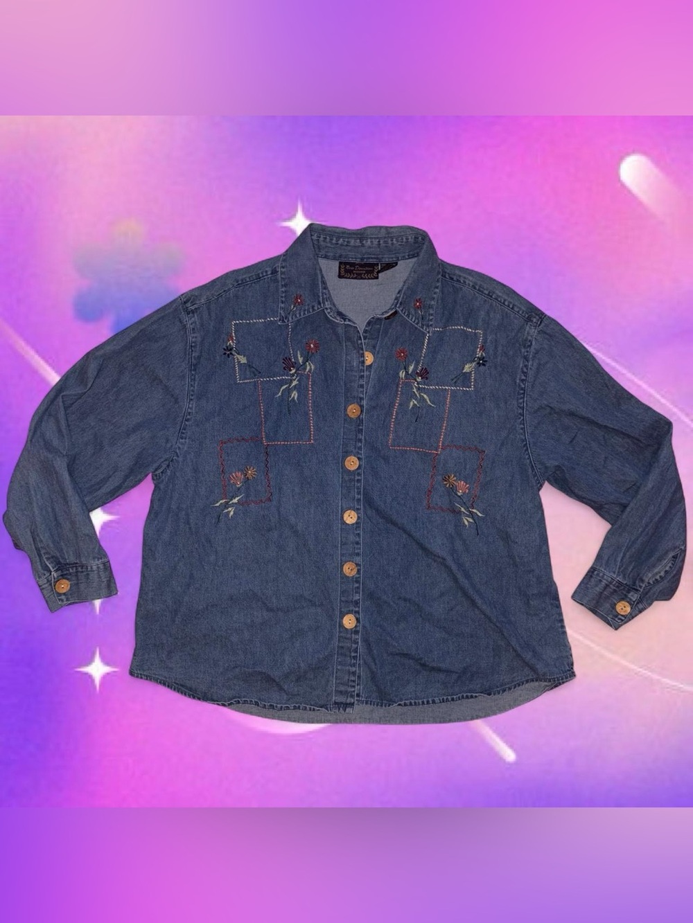vtg 90s floral embroidered denim shirt - new directions woman, fits like xl